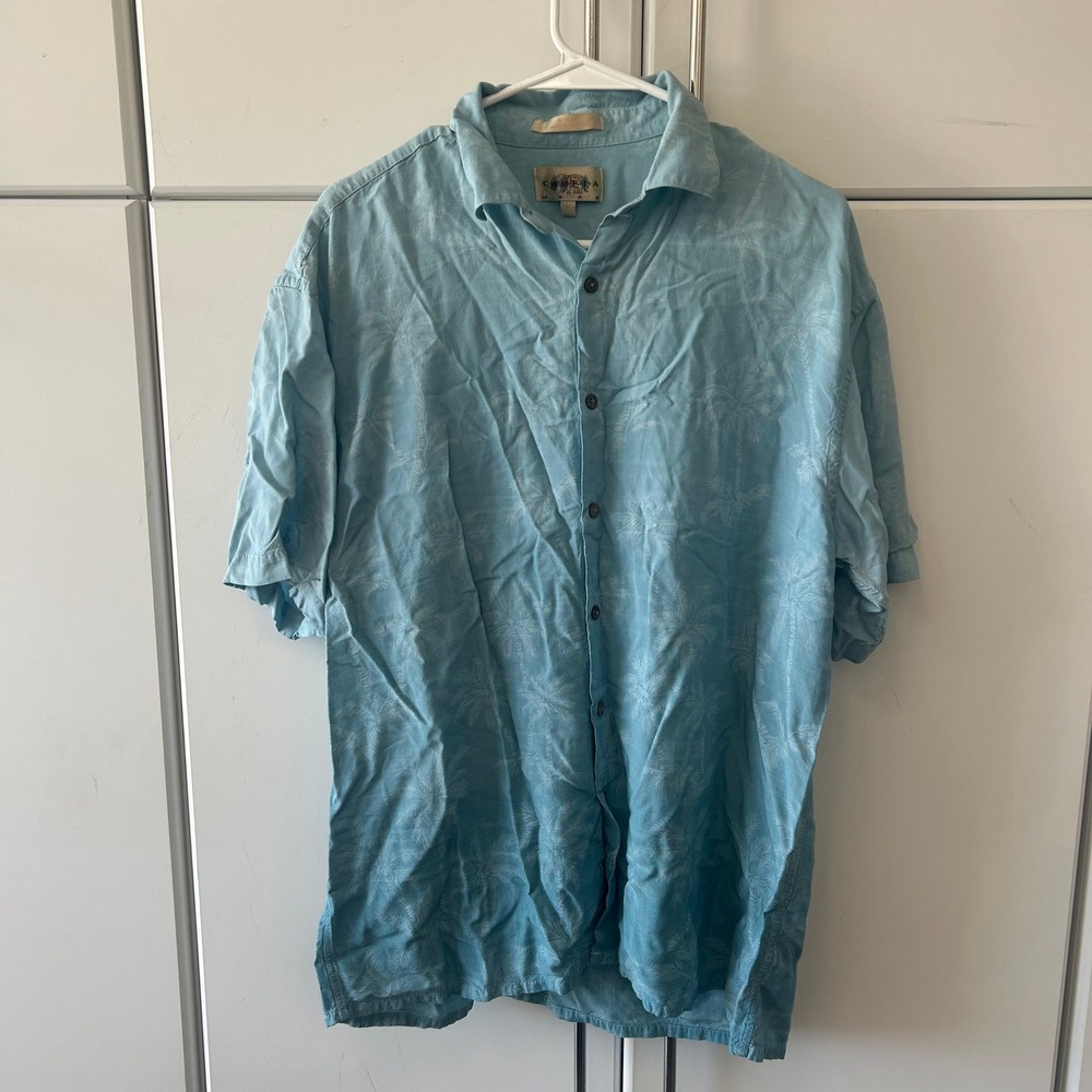 Campia Moda Mens Large Blue Rayon Palm Tree Tropical Short Sleeve Button Down
